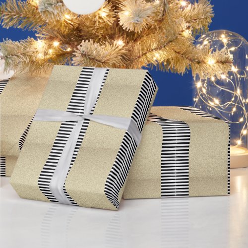 Gold Glitter Black White Stripe Camouflage Modern Wrapping Paper