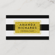 Gold Glitter Black White Stripes Business Card
