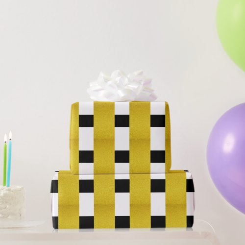 Gold Glitter Black White Stripes Patterns Holiday Wrapping Paper