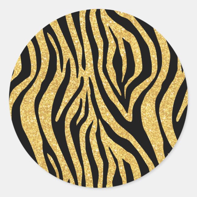 Gold Glitter Black Zebra Stripes Animal Print Classic Round Sticker (Front)