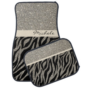 Gold Glitter Bling Beige Zebra Pattern Custom Name Car Floor Mat