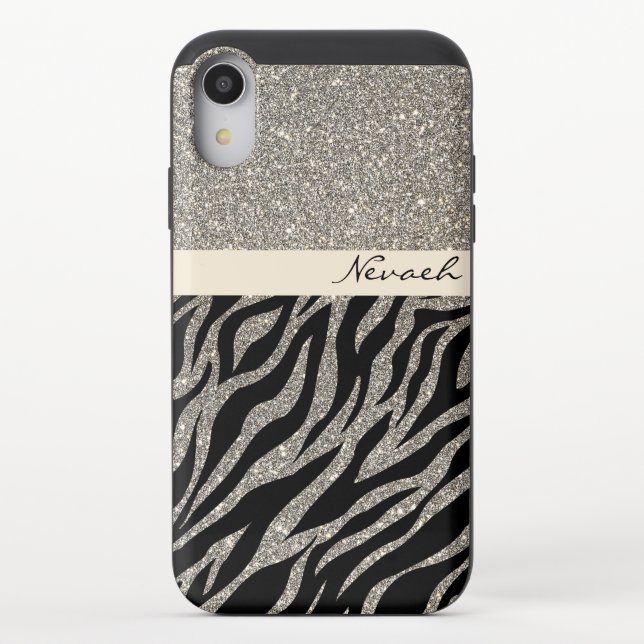Gold Glitter Bling Beige Zebra Pattern Custom Name Uncommon iPhone Case (Back)