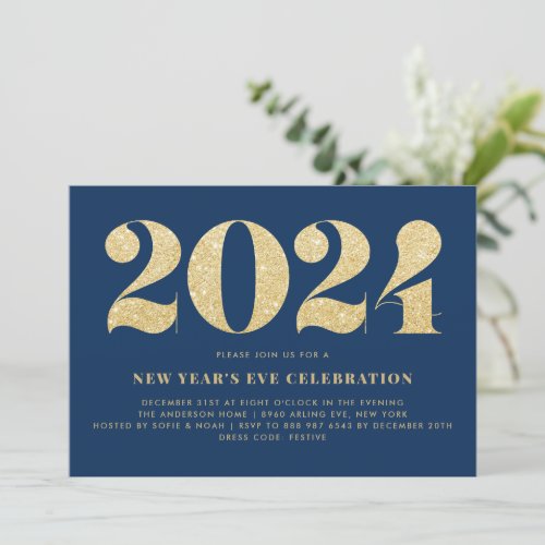Gold Glitter Blue 2024 New Years Eve Party Invitation