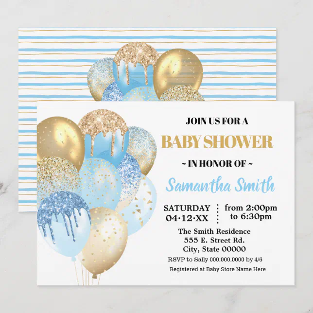 Gold glitter blue Balloons boy baby shower Invitation | Zazzle