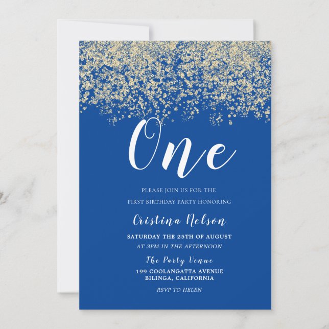 Gold Glitter Blue Boys 1st Birthday Party Invitation (Front)