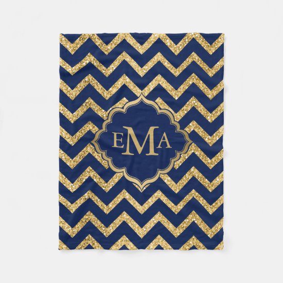 Gold Glitter Blue Chevron Zigzag Pattern Monogram Fleece Blanket