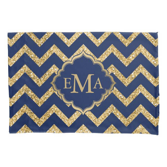 Gold Glitter Blue Chevron Zigzag Pattern Monogram Pillow Case (Front)