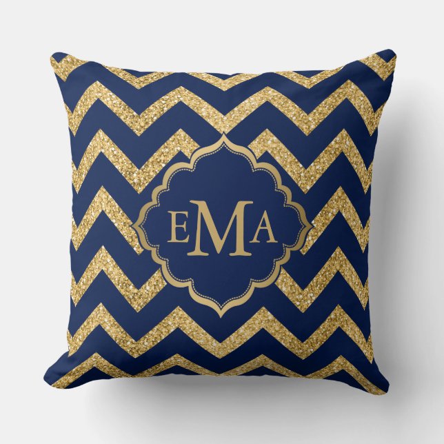 Gold Glitter Blue Chevron Zigzag Pattern Monogram Throw Pillow (Front)