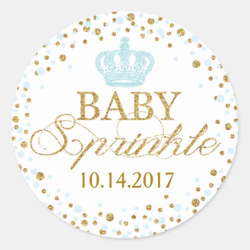 Gold Glitter Blue Crown Royal Prince Baby Shower Classic Round Sticker