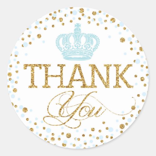 Gold Glitter Blue Crown Royal Prince Baby Shower Classic Round Sticker