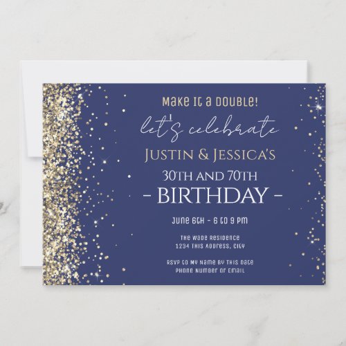 Gold Glitter Blue Double Birthday Party  Invitatio Invitation