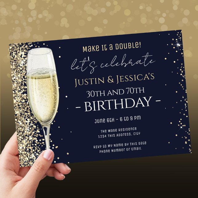 Gold Glitter Blue Double Champagne Birthday Party  Invitation (Creator Uploaded)