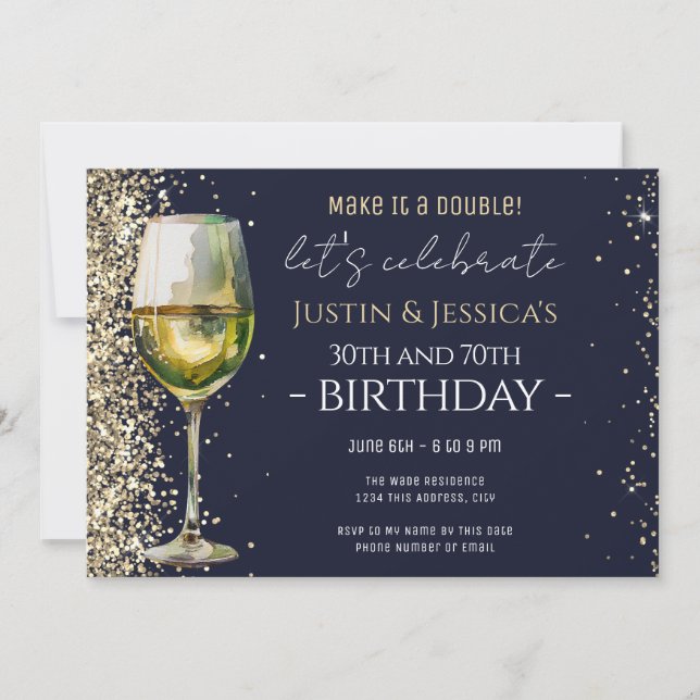 Gold Glitter Blue Double Wine Birthday Party Invitation (Front)