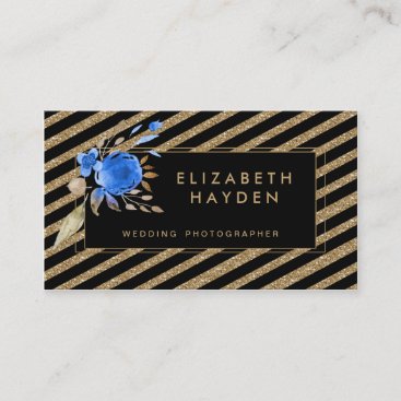 gold glitter blue Floral business card