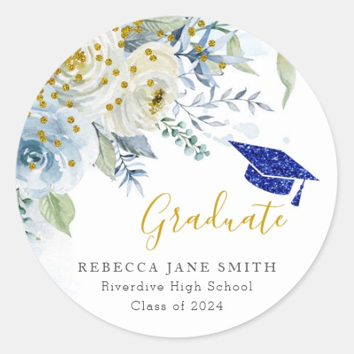 Gold Glitter Blue Floral Graduation Sticker