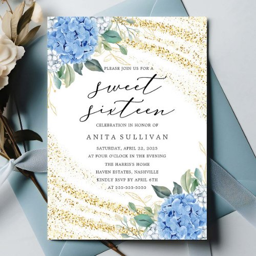 Gold Glitter Blue Floral Sweet Sixteen 16 Birthday Invitation