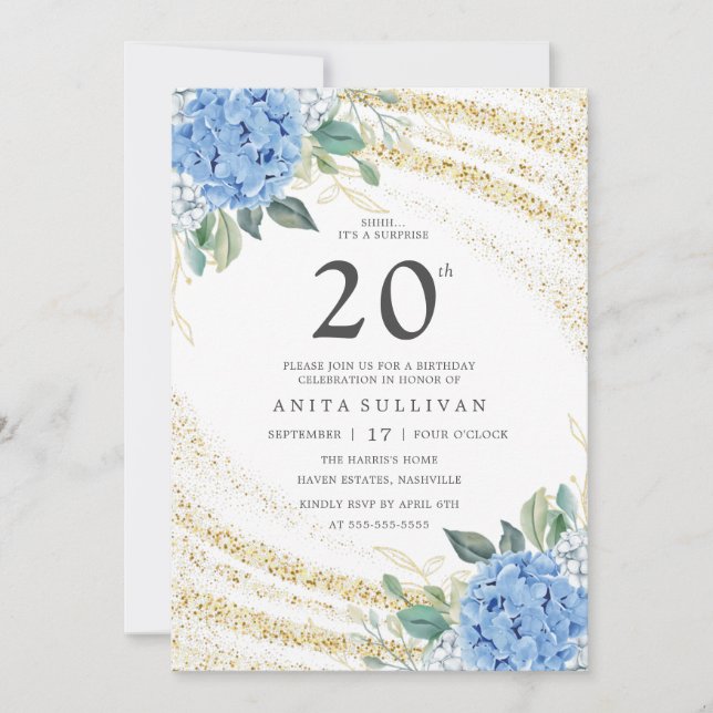 Gold Glitter Blue Floral Twenty 20th Birthday Invitation (Front)