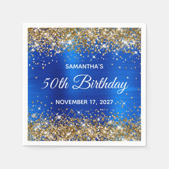 Gold Glitter  Blue Foil 50th Birthday Napkins (Front)
