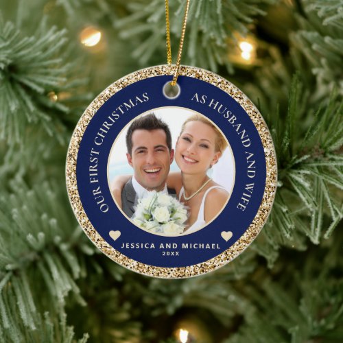 Gold Glitter Blue Husband Wife Married Photo Ceramic Ornament