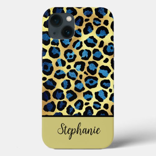 Gold Glitter Blue Leopard Print Name iPhone 13 Case