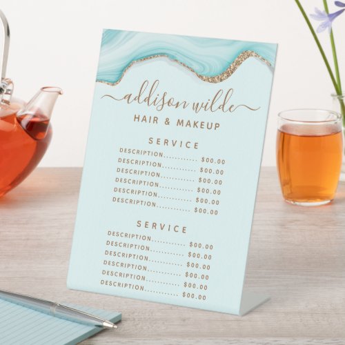 Custom Price Menus 10 Gold Glitter Blue Marble Agate Service Price Pedestal Sign