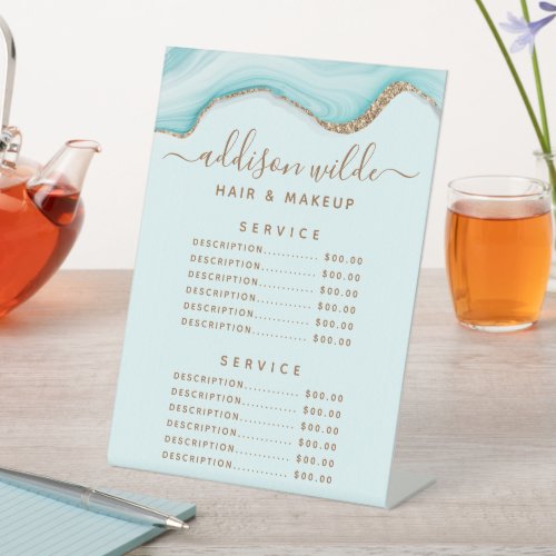 Gold Glitter Blue Marble Agate Service Price Pedestal Sign