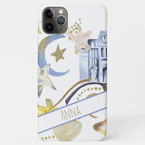   Gold Glitter  Blue Moon Stars Heart Castle iPhone 11 Pro Max Case