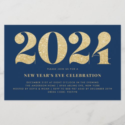 Gold Glitter Blue New Years Eve Party Invitation