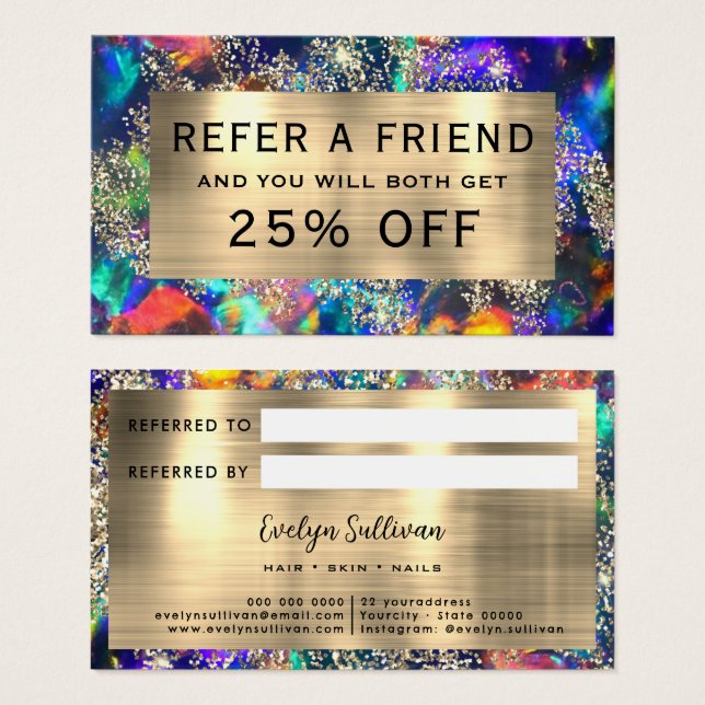 Gold glitter blue opal referral card (Front & Back)