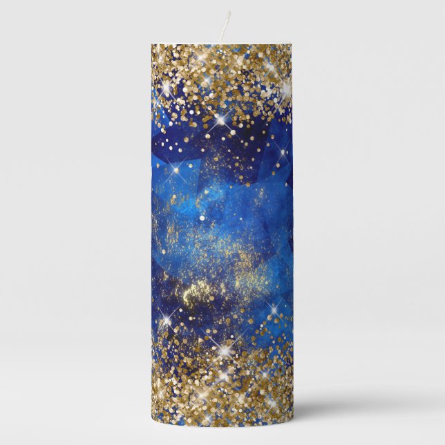 Gold Glitter Blue Sapphire Fire Glam Pillar Candle (Front)