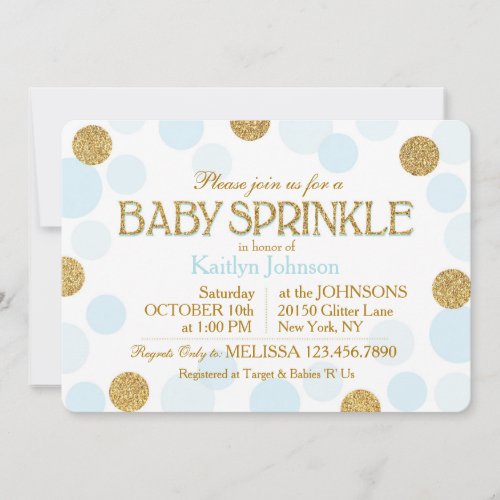 Gold Glitter Blue Scattered Dots Baby Sprinkle Invitation