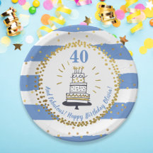 Gold Glitter Blue Stripe Any Age Happy Birthday