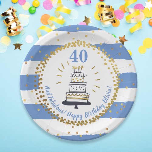 Gold Glitter Blue Stripe Any Age Happy Birthday Paper Plates