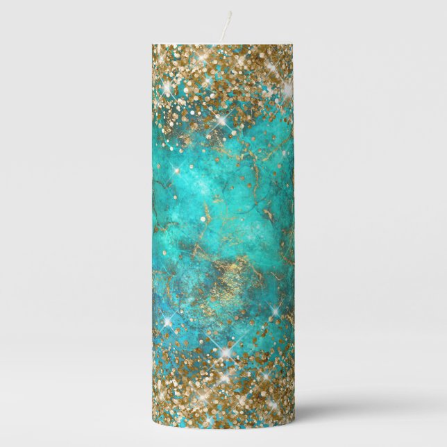 Gold Glitter Blue Turquoise Gemstone Fire Glam Pillar Candle (Front)