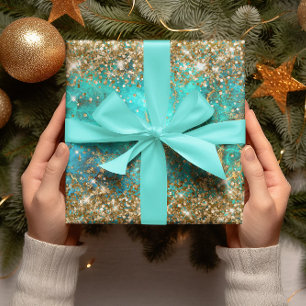 Gold Glitter Blue Turquoise Gemstone Fire Glam Wrapping Paper Sheets
