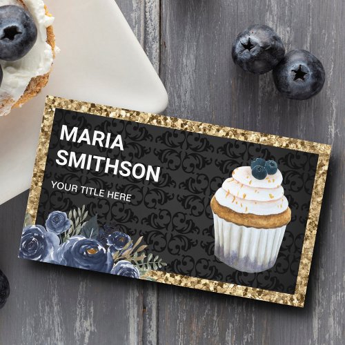 Gold Glitter Blueberry Cupcake Pastry Chef Bakery Business Card