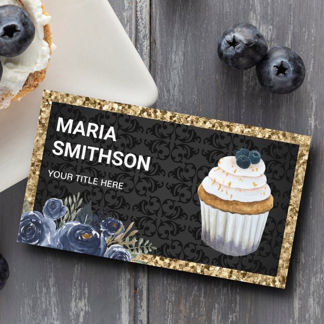 Gold Glitter Blueberry Cupcake Pastry Chef Bakery Business Card (Creator Uploaded)
