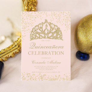 gold glitter blush crown tiara Quinceañera Invitation