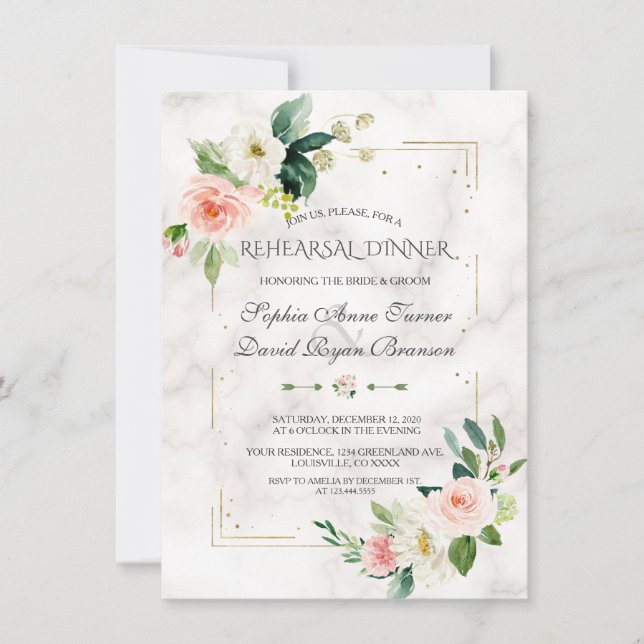 Gold Glitter Blush Floral Marble Rehearsal Dinner Invitation (Front)