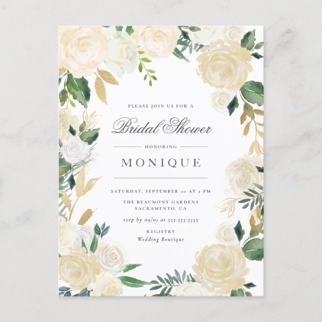 Gold Glitter & Blush Ivory Floral Bridal Shower Invitation Postcard (Front)