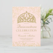 gold glitter blush photo tiara Quinceañera Invitation (Standing Front)