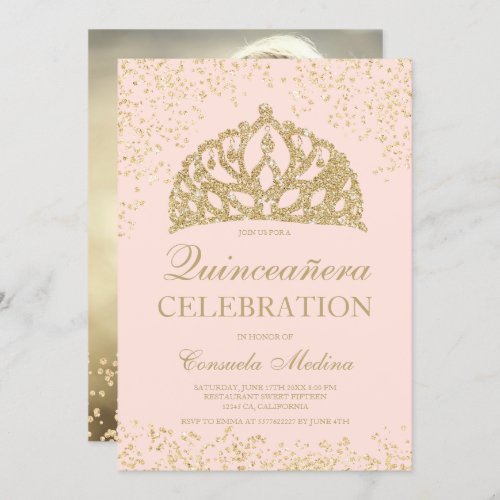 gold glitter blush photo tiara Quinceaera Invitation