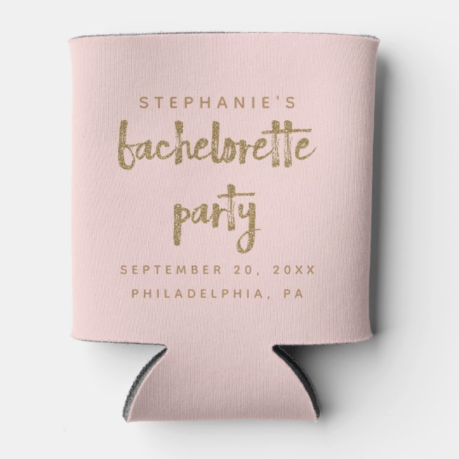 Gold Glitter Blush Pink Bachelorette Party Favor Can Cooler (Front)