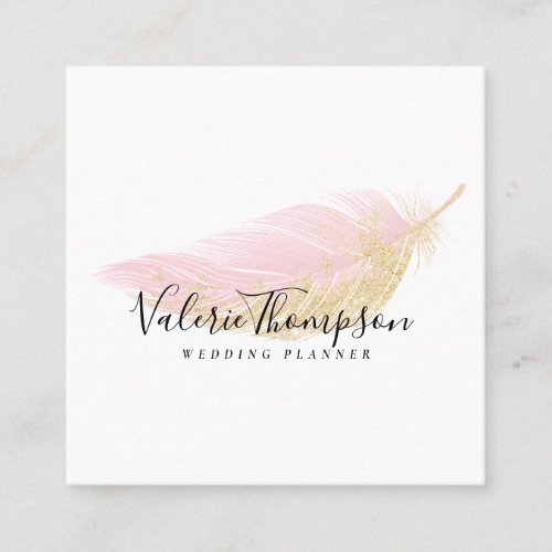 Gold glitter blush pink feather modern elegant square business card