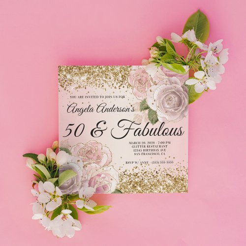 Gold Glitter Blush Pink Floral 50  Fabulous Invitation
