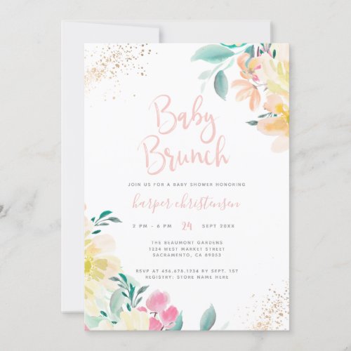 Gold Glitter Blush Pink Floral Baby Shower Brunch Invitation