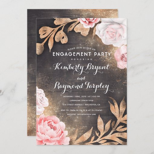 Gold Glitter & Blush Pink Floral Engagement Party Invitation | Zazzle