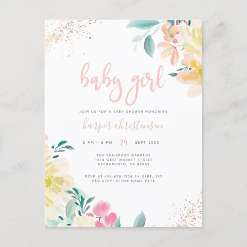 Gold Glitter Blush Pink Floral Girl Baby Shower Invitation Postcard