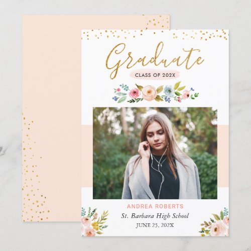Gold Glitter Blush Pink Floral Photo Graduation Announcement