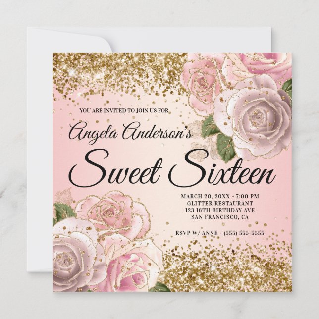 Gold Glitter Blush Pink Floral Sweet Sixteen Invitation (Front)